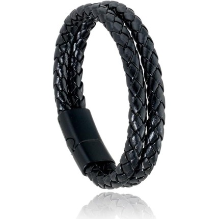 Pulseira Masculina Couro Preta (M(19cm))