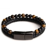 Pulseira Masculina "Elegant Man" 2 em 1 Couro e Pedras Naturais Olho de Tigre e Ônix Preto – Fecho Magnético em Aço Inoxidável 316L – Estilo Clássico e Moderno – Acompanha Bolsa de Veludo