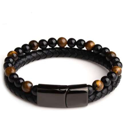 Pulseira Masculina "Elegant Man" 2 em 1 Couro e Pedras Naturais Olho de Tigre e Ônix Preto – Fecho Magnético em Aço Inoxidável 316L – Estilo Clássico e Moderno – Acompanha Bolsa de Veludo