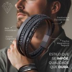 Pulseira Masculina Modern Style Preta de Couro Legítimo com Aço Inoxidável 316L, Fecho Magnético, Tamanho Ajustável 21cm – Estilo e Qualidade – Acompanha Bolsa de Veludo - Imagem 2