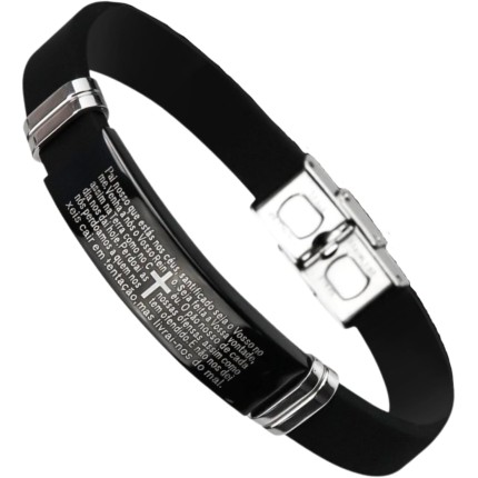 Pulseira Masculina Pai Nosso Aço Preta Bracelete Premium Oração