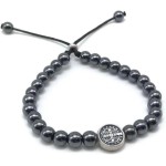 Pulseira Pedra Hematita com Medalha de São Bento Ajustável