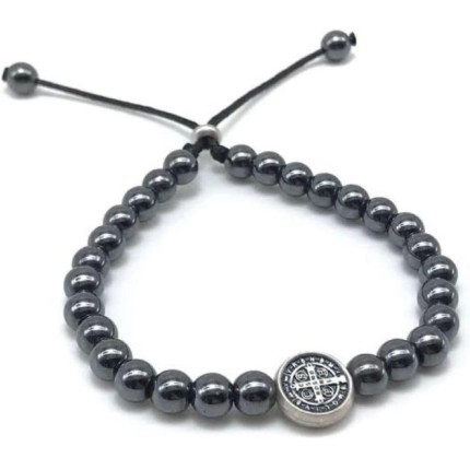 Pulseira Pedra Hematita com Medalha de São Bento Ajustável