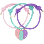 Pulseiras de Amizade com Pingente de Coração, Kit 3 Unidades, Cordão Trançado Ajustável, Rosa, Turquesa e Roxo