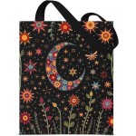 Sacola feminina de lona com estampa celestial, sol, fase da lua, floral, reutilizável, compras, compras, viagem, praia, presente