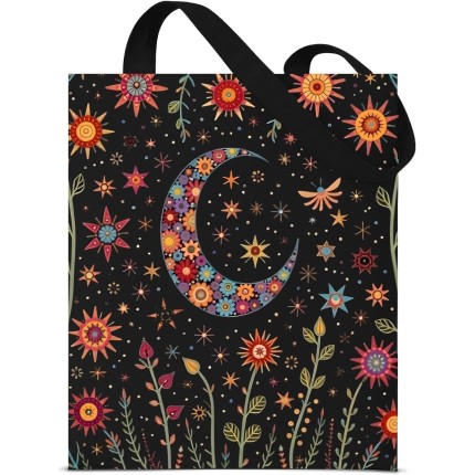 Sacola feminina de lona com estampa celestial, sol, fase da lua, floral, reutilizável, compras, compras, viagem, praia, presente