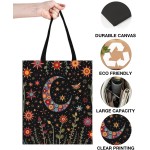 Sacola feminina de lona com estampa celestial, sol, fase da lua, floral, reutilizável, compras, compras, viagem, praia, presente - Imagem 2