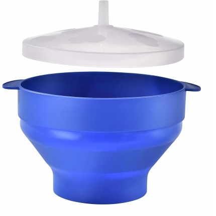 Tigela dobrável de silicone para fazer pipocas com tampa – Seguro para forno e micro-ondas para petiscos saudáveis, fácil de limpar - azul