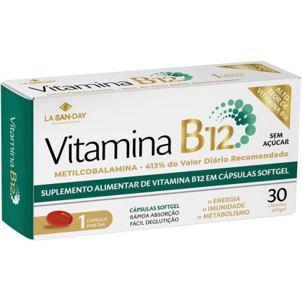 Vitamina B12 (30 Cápsulas) - vitamina que pertence ao complexo B, participa do metabolismo de uma série de carboidratos e ácidos graxos