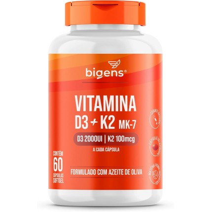 Vitamina D3 2000UI + K2 MK-7 100mcg, Formulado com azeite de oliva, Biogens (60 cápsulas)