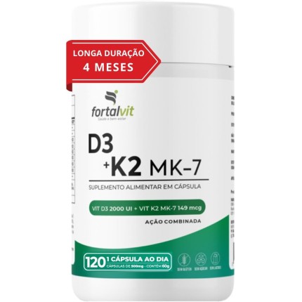Vitamina D3 + K2 120 Cápsulas 4 Meses de Uso Longa Duração, 2000UI D3 149mcg Vitamina K2 MK-7, Fortalvit