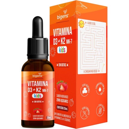 Vitamina D3 + K2 MK-7 Kids, em Gotas, Sublingual D3 2000UI | K2 100mcg, sabor morango, 20ml, Bigens
