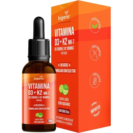 Vitamina D3 + K2 MK-7, em Gotas, D3 2000UI | K2 100mcg, sabor limão, 20ml, Biogens