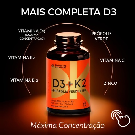 Vitamina D3 + K2 em Cápsulas, Elemental Nutrition – 60 Cápsulas