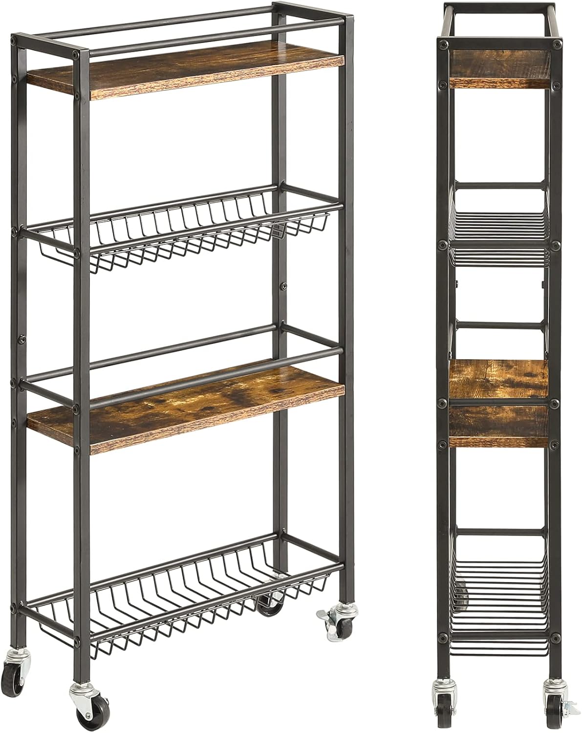 YMYNY-Carrinho-Fino-para-Armazenamento-de-Cozinha-Carrinho-Utilitario-de.jpg YMYNY Carrinho Fino para Armazenamento de Cozinha, Carrinho Utilitário de 4 Camadas Sobre Rodas, para Espaços Estreitos, Lavanderia, Sala de Jantar, Banheiro, Estante H de 32,7" com Cestos de Malha, M