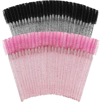 100 varinhas de rímel descartáveis para aplicação de cílios e sobrancelhas, pincéis rosa claro e preto para profissionais de maquiagem