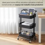 Carrinho Organizador Multiuso 3 Prateleiras com Rodinhas – Estante Fruteira de Metal para Cozinha, Banheiro, Escritório e Lavanderia (Preto) - Imagem 3
