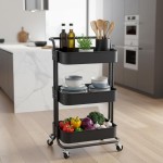 Carrinho Organizador Multiuso 3 Prateleiras com Rodinhas – Estante Fruteira de Metal para Cozinha, Banheiro, Escritório e Lavanderia (Preto) - Imagem 4