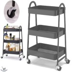 Carrinho Organizador com 3 Prateleiras, Metal Preto, com Rodízios, para Cozinha e Banheiro - Imagem 3
