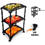 Fruteira de Chão Organizador Vertical 3 Andares com Rodinhas Plástico Preto - Imagem 3