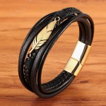 Pulseira Masculina "Feather" 5 em 1 em Couro Legítimo e Aço Cirúrgico 316L, Masculino, Fecho Magnético - Acompanha Bolsa de Veludo - Imagem 5