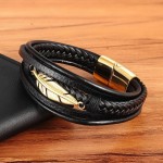 Pulseira Masculina "Feather" 5 em 1 em Couro Legítimo e Aço Cirúrgico 316L, Masculino, Fecho Magnético - Acompanha Bolsa de Veludo - Imagem 6