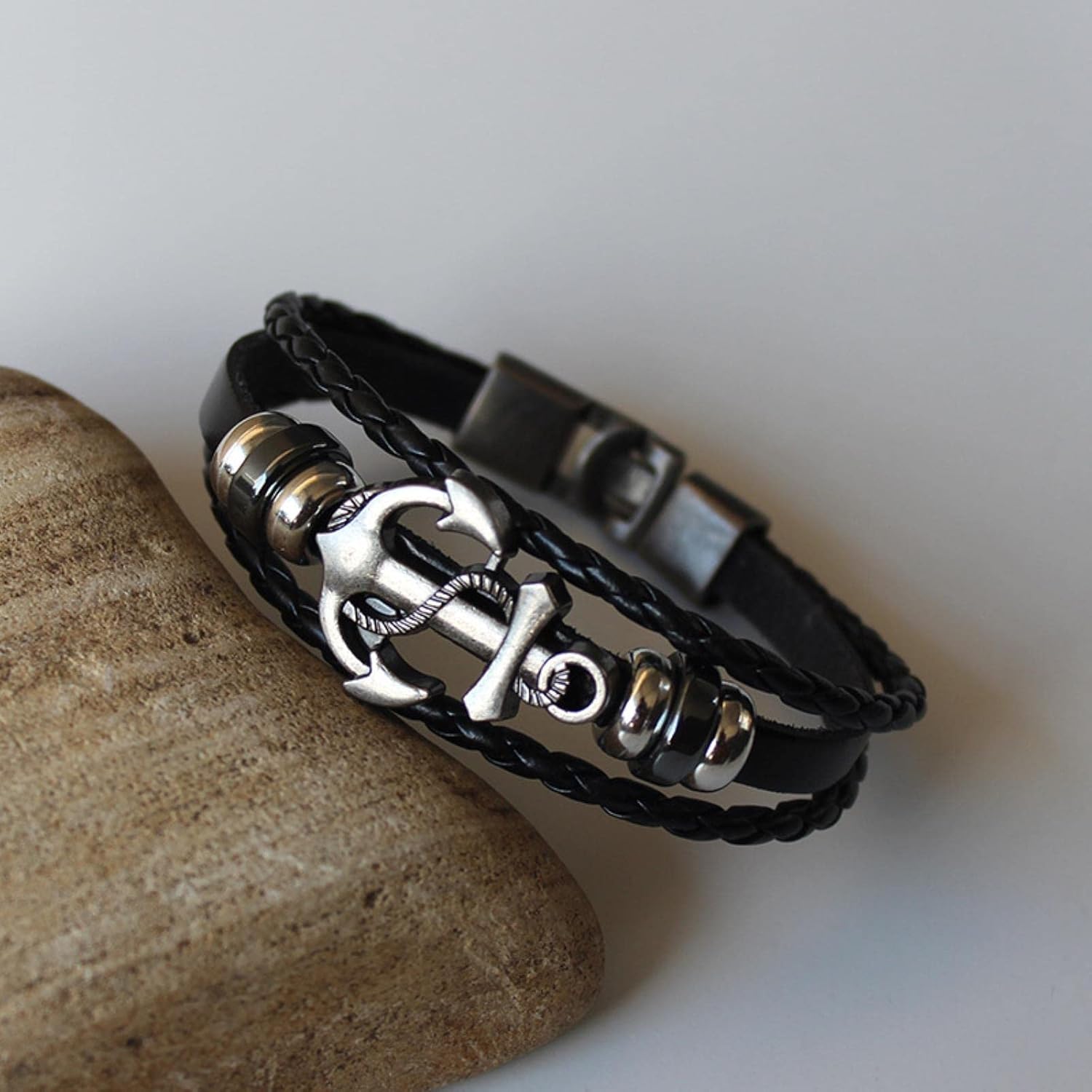 yesTGE Pulseira masculina vintage multicamadas trançadas à mão pulseiras de couro para homens e mulheres pulseira de acessórios de âncora - Imagem 4