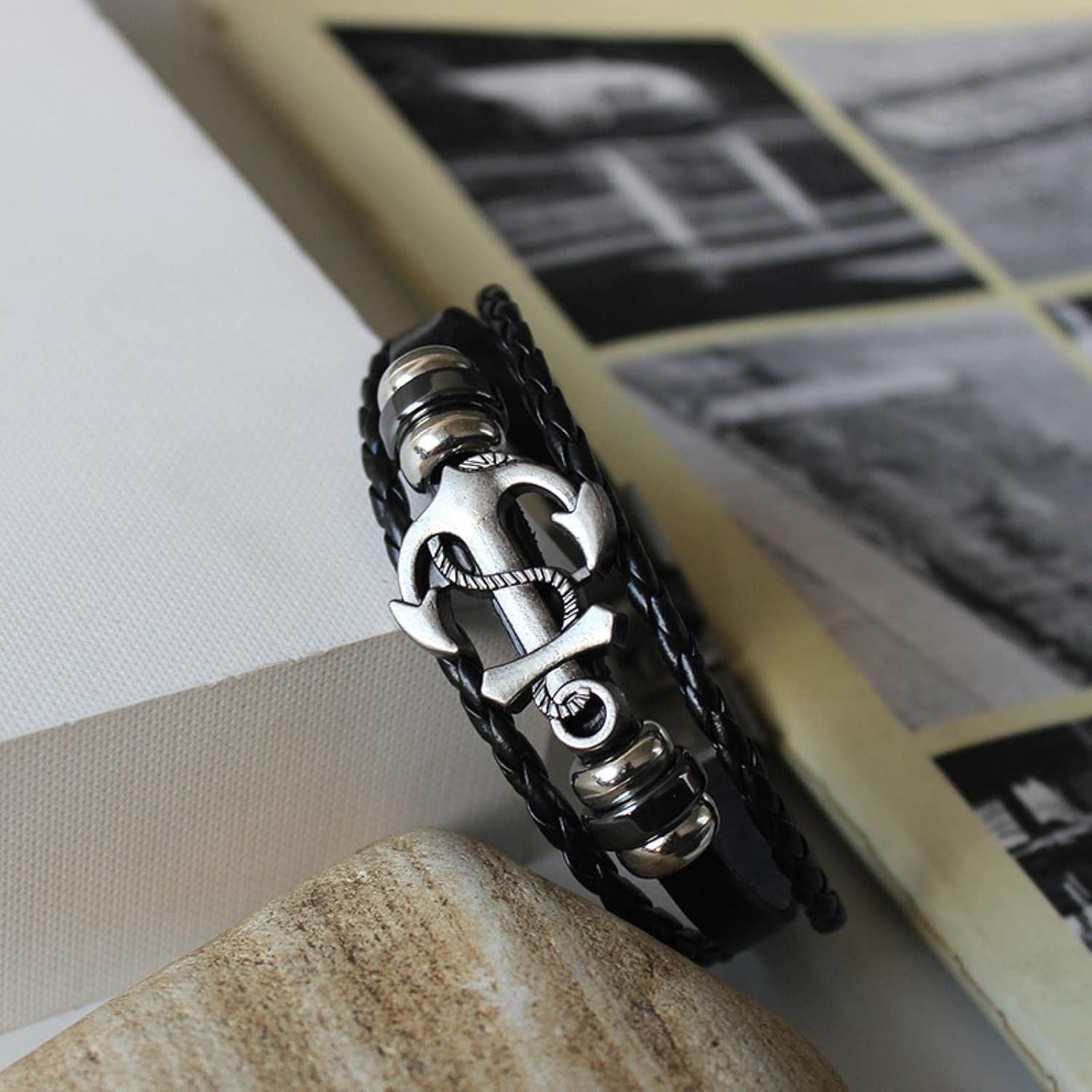 yesTGE Pulseira masculina vintage multicamadas trançadas à mão pulseiras de couro para homens e mulheres pulseira de acessórios de âncora - Imagem 5