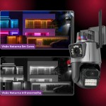 Câmera de Segurança Externa 4G Lente Dupla 4MP, Monitoramento Duas Telas PTZ 360°, Visão Noturna Colorida, Alarme de Luz Vermelha e Azul, Sirene, IP66, Rastreamento Humano AI - App V3 (1) - Imagem 6
