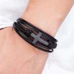 Pulseira Masculina "Christ Style" em Couro e Aço Cirúrgico 316L, Masculino, Fecho Magnético 21cm, Cor Preto - Acompanha Bolsa de Veludo - Imagem 4
