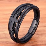 Pulseira Masculina "Christ Style" em Couro e Aço Cirúrgico 316L, Masculino, Fecho Magnético 21cm, Cor Preto - Acompanha Bolsa de Veludo - Imagem 5