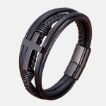 Pulseira Masculina "Christ Style" em Couro e Aço Cirúrgico 316L, Masculino, Fecho Magnético 21cm, Cor Preto - Acompanha Bolsa de Veludo - Imagem 7