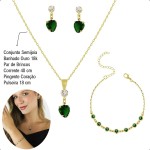 Kit Semijoia Banhado Ouro 18k - Pulseira, Corrente, Pingente e Brincos Coração Verde Esmeralda - Imagem 3