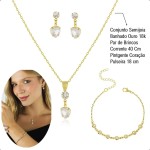 Kit Semijoia Banhado Ouro 18k - Conjunto com Pulseira, Corrente, Pingente e Brincos Coração Cristal - Imagem 3