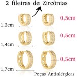 Conjunto de Brinco Feminino Argola Argolinha 3 Furos Semijoia Folheado Banhado a Ouro 18k Banho paládio antialérgico Cravejado Pedra Zircônia Festa Casual Moda Estilo Mulher Kit - Imagem 7