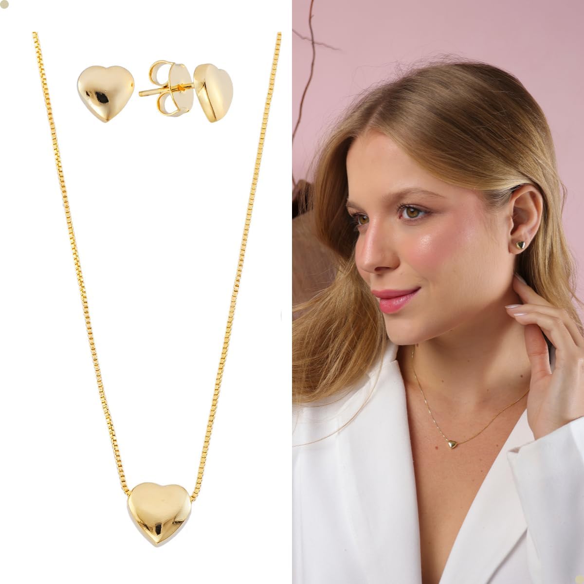 Kit Conjunto Colar E Pingente Feminino + Brinco De Coração Com Corrente Veneziana De 45 Cm Banhado À Ouro 18k E Com Banho Antialérgico Marca Andréia Branco Acessórios - Imagem 4
