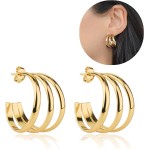 Brinco Argola Feminina Dourado Tripla Em Aço inoxídavel 316L Antialérgico Resistente Cor Dourada Não óxida Festa Casual Casamento - Imagem 9