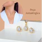 Conjunto Brinco Gota Colar Pingente Gota Cravejado Pedra Zircônia Banhado a ouro 18k Antialérgico Semijoia Dourado Festa Casamento Madrinha Casual - Imagem 4