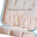 Conjunto Brinco Gota Colar Pingente Gota Cravejado Pedra Zircônia Banhado a ouro 18k Antialérgico Semijoia Dourado Festa Casamento Madrinha Casual - Imagem 6