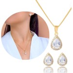 Conjunto Brinco Gota Colar Pingente Gota Cravejado Pedra Zircônia Banhado a ouro 18k Antialérgico Semijoia Dourado Festa Casamento Madrinha Casual - Imagem 7