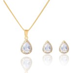 Conjunto Brinco Gota Colar Pingente Gota Cravejado Pedra Zircônia Banhado a ouro 18k Antialérgico Semijoia Dourado Festa Casamento Madrinha Casual - Imagem 8