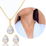 Conjunto Brinco Gota Colar Pingente Gota Cravejado Pedra Zircônia Banhado a ouro 18k Antialérgico Semijoia Dourado Festa Casamento Madrinha Casual - Imagem 9