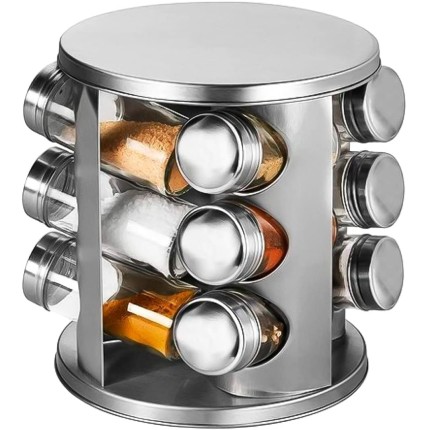 Porta Temperos Condimento Giratorio Inox com 12 Potes de Vidro - Kit Pratico e Elegante para Organizar e Valorizar sua Cozinha