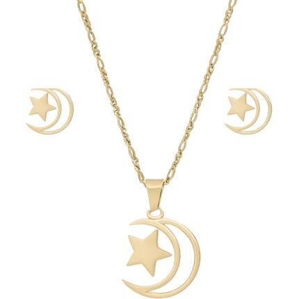 Conjunto Feminino de Colar e Brinco em Aço Inox de Lua e estrela – Hipoalergênico - Presente para menina adolescente
