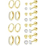 Jstyle Brincos de aço cirúrgico hipoalergênicos para orelhas sensíveis, brincos de ouro 14 quilates com costas planas para mulheres e homens, pequenos brincos de aço inoxidável, conjunto de brincos de