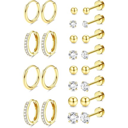 Jstyle Brincos de aço cirúrgico hipoalergênicos para orelhas sensíveis, brincos de ouro 14 quilates com costas planas para mulheres e homens, pequenos brincos de aço inoxidável, conjunto de brincos de