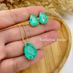 Conjunto Brinco Colar Feminino Cravejado Pedra Fusion Banhado a ouro 18k Banho paládio antialérgico Semijoia Corrente Cordão 45 cm Dourado - Imagem 4