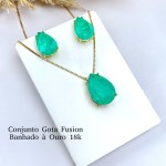 Conjunto Brinco Colar Feminino Cravejado Pedra Fusion Banhado a ouro 18k Banho paládio antialérgico Semijoia Corrente Cordão 45 cm Dourado - Imagem 6