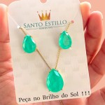 Conjunto Brinco Colar Feminino Cravejado Pedra Fusion Banhado a ouro 18k Banho paládio antialérgico Semijoia Corrente Cordão 45 cm Dourado - Imagem 7