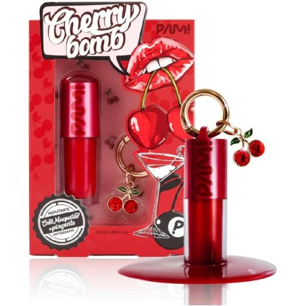 Cherry Bomb Gloss Labial Vinílico Vermelho com Pingente Exclusivo, Brilho Hidratante. Novidade PAM BY PAMELLA